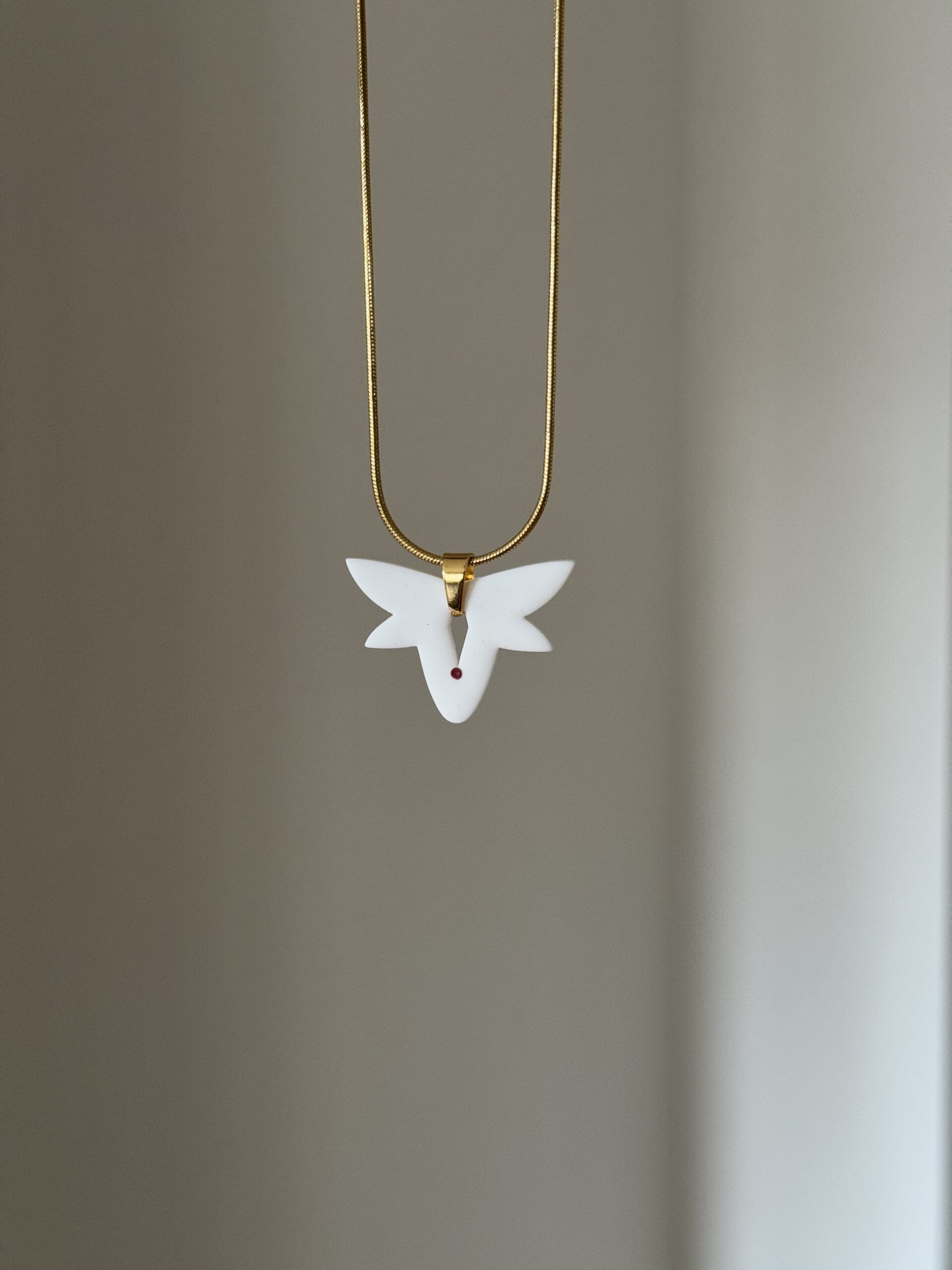 Handmade Jewelry Maleni Atelier Necklace Cinnamon White with Red Dot Butterfly Shape Gold Chain Pendant