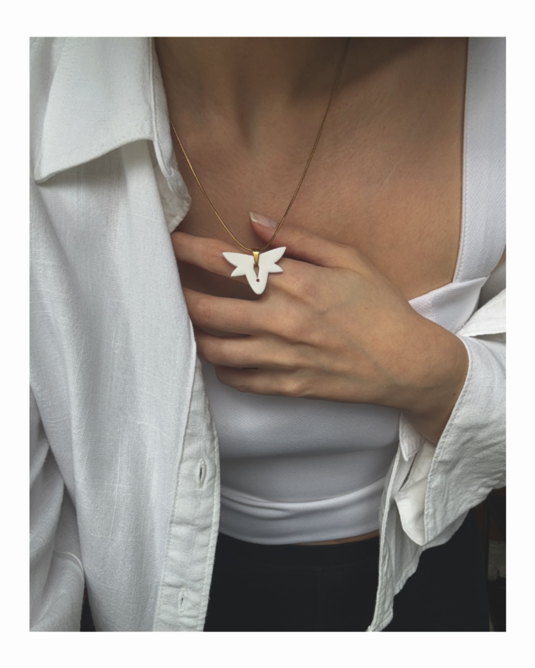 Handmade Jewelry Maleni Atelier Necklace Cinnamon White with Red Dot Butterfly Shape Gold Chain Pendant