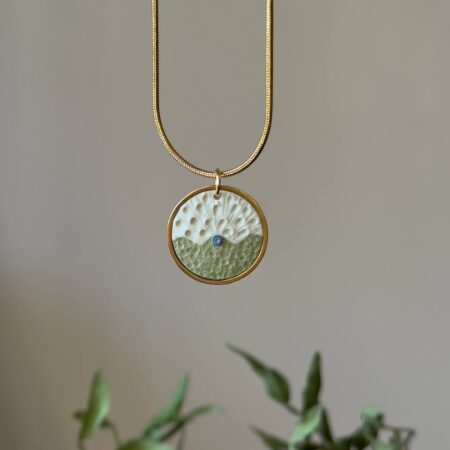 Handmade Jewelry Maleni Atelier Necklace Textured Cinnamon Green Wave with Blue Dot Gold Chain Pendant