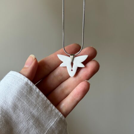 Handmade Jewelry Maleni Atelier Necklace Cinnamon White with Red Dot Butterfly Shape Silver Chain Pendant